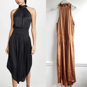 New Ramy Brook Belle Halter Neck Sleeveless Smocked Light Cognac Midi Dress Sz M